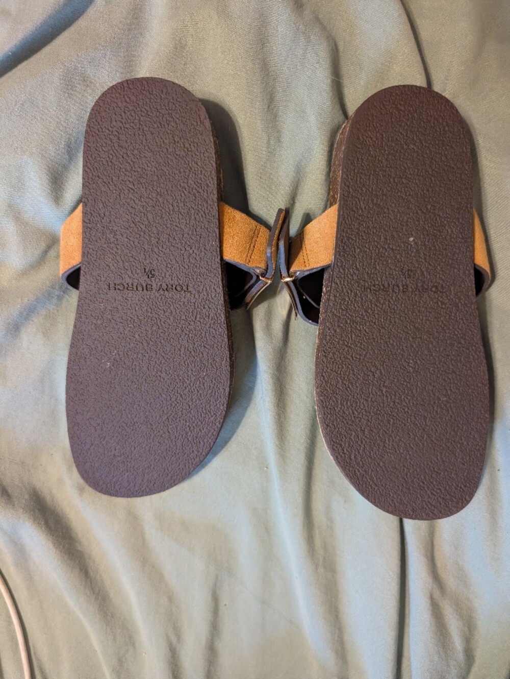 Tory Burch Tan Suede Toe-Post Slide Sandals with Buckle - Picture 2 of 4